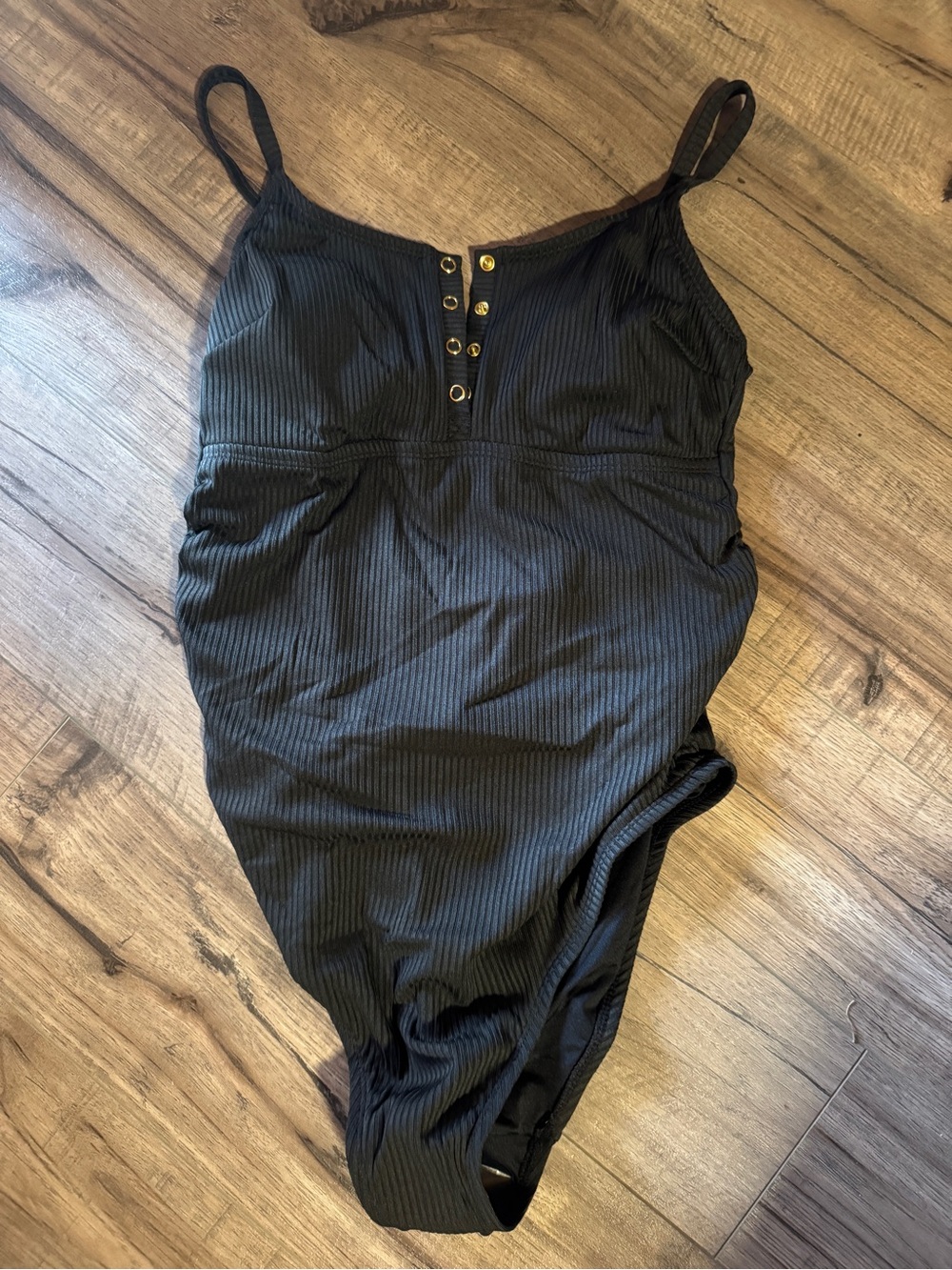 Cupshe Black Ribbed Bandeau One-Piece with Gold Buttons